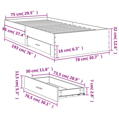 vidaXL sengeramme med skuffer 75x190 cm konstrueret træ sort