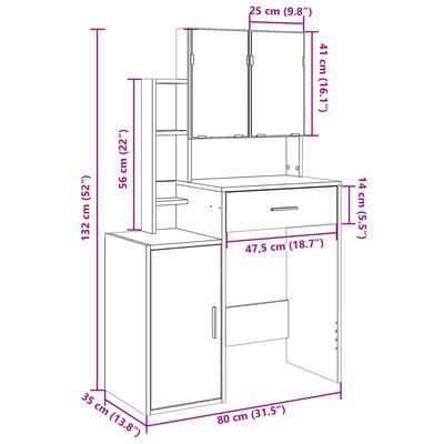 vidaXL makeupbord med skab 80x35x132 cm sonoma-eg