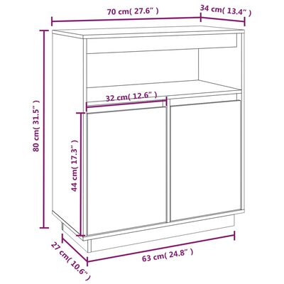 vidaXL skænk 70x34x80 cm massivt fyrretræ sort