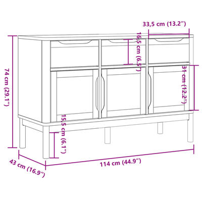 vidaXL skænk FLORO 114x43x74 cm massivt fyrretræ hvid