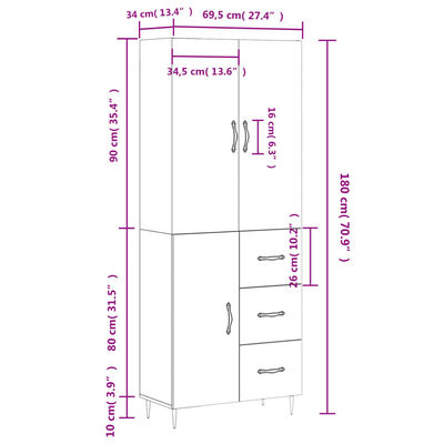 vidaXL højskab 69,5x34x180 cm konstrueret træ hvid højglans