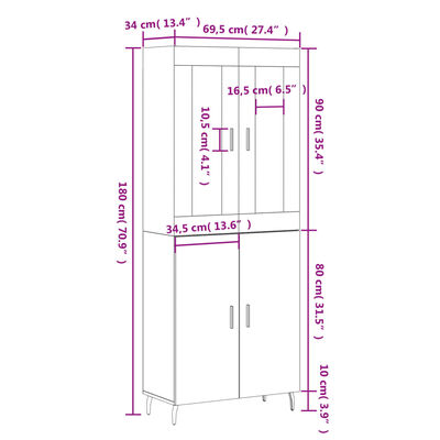 vidaXL højskab 69,5x34x180 cm konstrueret træ sort