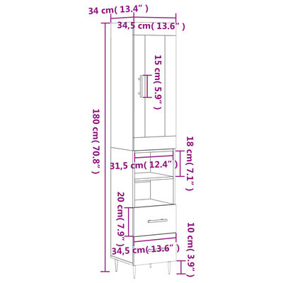 vidaXL højskab 34,5x34x180 cm konstrueret træ grå sonoma-eg