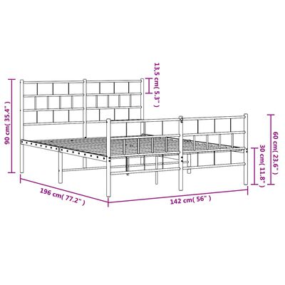 vidaXL sengeramme med sengegavl og fodgærde 135x190 cm metal hvid