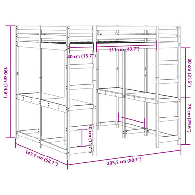 vidaXL højseng med skrivebord 140x200 cm massivt fyrretræ