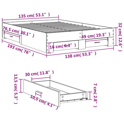 vidaXL sengeramme med skuffer 135x190 cm konstrueret træ sort