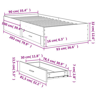 vidaXL sengeramme med skuffer 90x200 cm konstrueret træ sonoma-eg