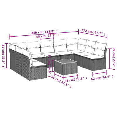 vidaXL sofasæt til haven 10 dele med hynder polyrattan grå