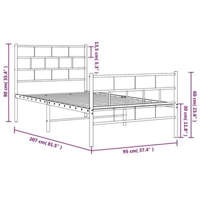 vidaXL sengeramme med sengegavl og fodgærde 90x200 cm metal hvid