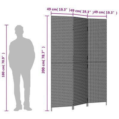 vidaXL rumdeler 3 paneler polyrattan grå