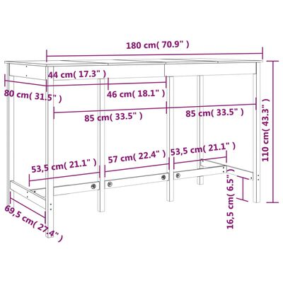 vidaXL barbord 180x80x110 cm massivt fyrretræ gyldenbrun