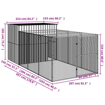 vidaXL hundehus med løbegård 214x457x181 cm galvaniseret stål lysegrå