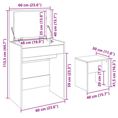 vidaXL kosmetikbord med skammel 60x40x113,5 cm betongrå