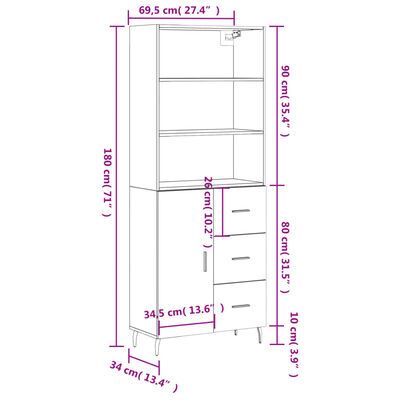 vidaXL højskab 69,5x34x180 cm konstrueret træ røget egetræsfarve