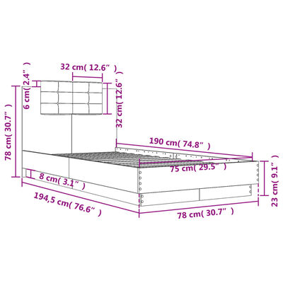 vidaXL sengeramme med sengegavl 75x190 cm konstrueret træ sonoma-eg