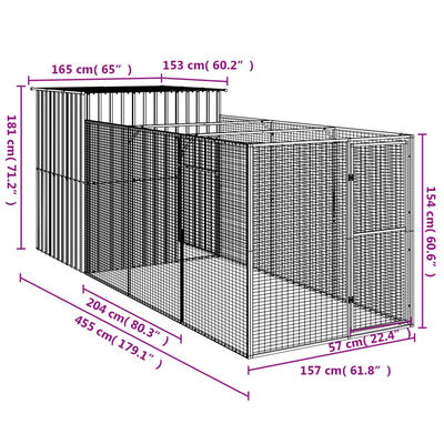 vidaXL hundehus med løbegård 165x455x181 cm galvaniseret stål lysegrå