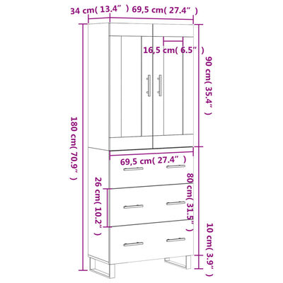 vidaXL højskab 69,5x34x180 cm konstrueret træ betongrå