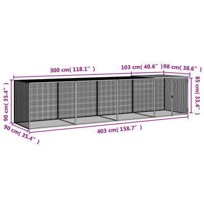 vidaXL hønsebur med tag 403x98x90 cm galvaniseret stål lysegrå