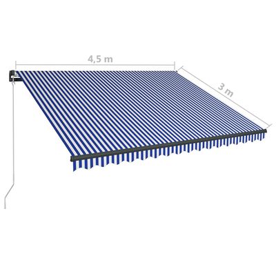 vidaXL markise m. LED-lys 450x300 cm manuel betjening blå og hvid