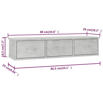 vidaXL vægskab med skuffer 88x26x18,5 cm konstrueret træ betongrå