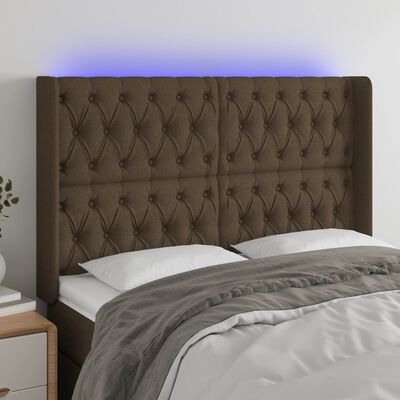 vidaXL sengegavl med LED-lys 147x16x118/128 cm stof mørkebrun