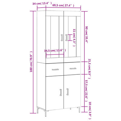 vidaXL højskab 69,5x34x180 cm konstrueret træ betongrå