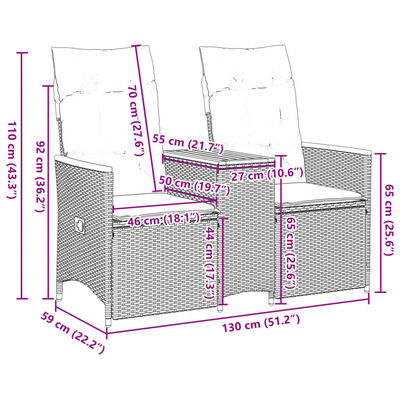 vidaXL 2-personers havesofa med bord og lænefunktion polyrattan grå