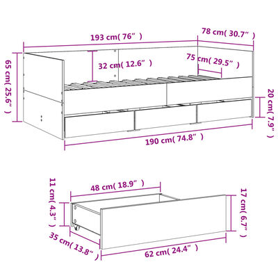 vidaXL daybed med skuffer uden madras 75x190 cm brunt eg