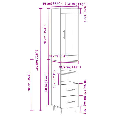 vidaXL højskab 34,5x34x180 cm konstrueret træ grå sonoma-eg