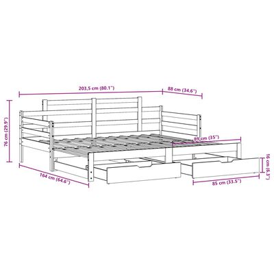 vidaXL daybed med udtræk og skuffer 80x200 cm massivt fyrretræ hvid