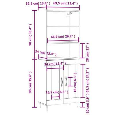 vidaXL højskab 69,5x34x180 cm konstrueret træ røget egetræsfarve