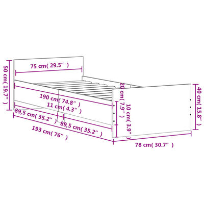 vidaXL sengeramme 75x190 cm konstrueret træ grå sonoma-eg