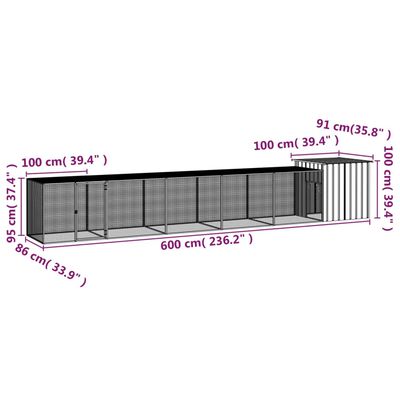 vidaXL hønsehus 600x91x100 cm galvaniseret stål grå