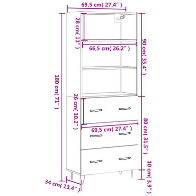 vidaXL højskab 69,5x34x180 cm konstrueret træ grå sonoma-eg