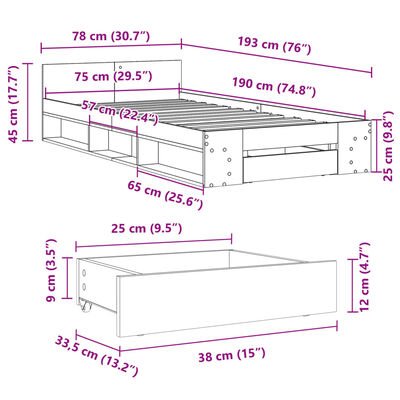 vidaXL sengeramme med skuffe 75x190 cm konstrueret træ brunt egetræ