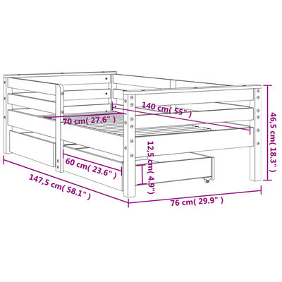 vidaXL sengeramme til juniorseng m. skuffer 70x140 cm massivt fyr