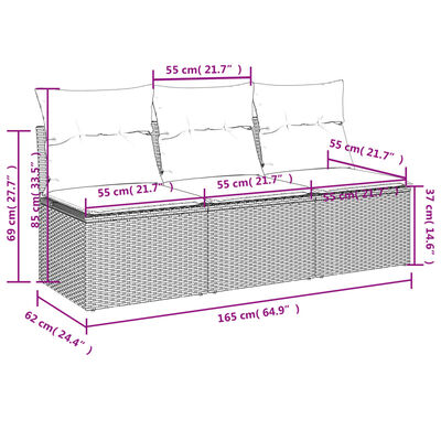 vidaXL 3-personers havesofa med hynder polyrattan sort