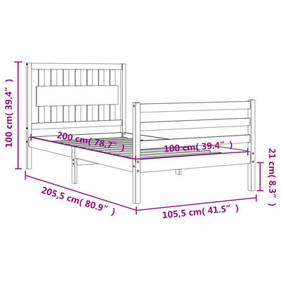 vidaXL sengeramme med sengegavl 100x200 cm massivt træ