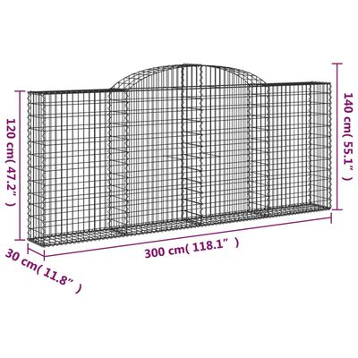 vidaXL buede gabionkurve 6 stk. 300x30x120/140 cm galvaniseret jern