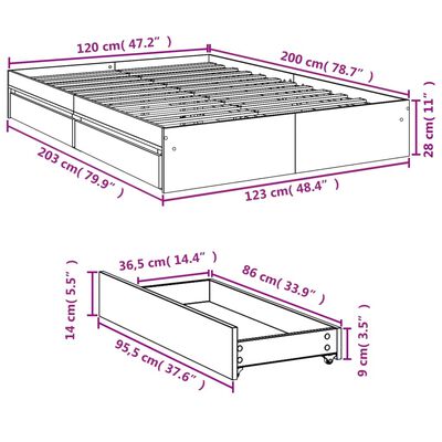 vidaXL sengeramme med skuffer 120x200 cm konstrueret træ grå sonoma-eg