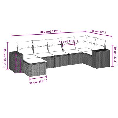 vidaXL sofasæt til haven 7 dele med hynder polyrattan sort