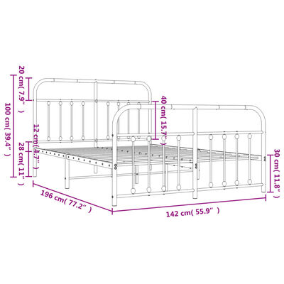 vidaXL sengeramme med sengegavl og fodgærde 135x190 cm metal hvid