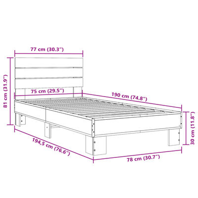 vidaXL sengeramme 75x190 cm konstrueret træ og metal sort