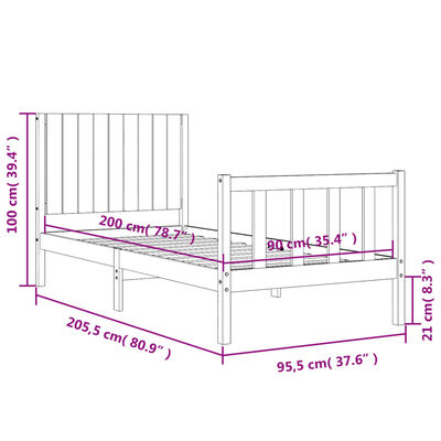 vidaXL sengeramme med sengegavl 90x200 cm massivt træ hvid