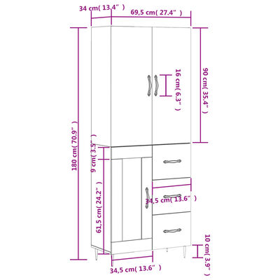 vidaXL højskab 69,5x34x180 cm konstrueret træ hvid højglans