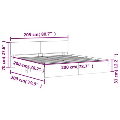 vidaXL sengeramme med sengegavl og LED-lys 200x200 cm grå sonoma-eg