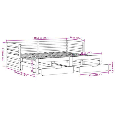 vidaXL daybed med skuffer 90x200 cm massivt fyrretræ hvid