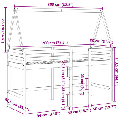 vidaXL højseng med stige og tag 80x200 cm massivt fyrretræ hvid