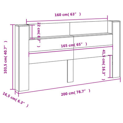 vidaXL sengegavl med opbevaring og LED-lys 200x16,5x103,5 cm røget eg