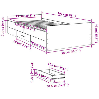 vidaXL sengeramme med skuffer 75x190 cm konstrueret træ sonoma-eg